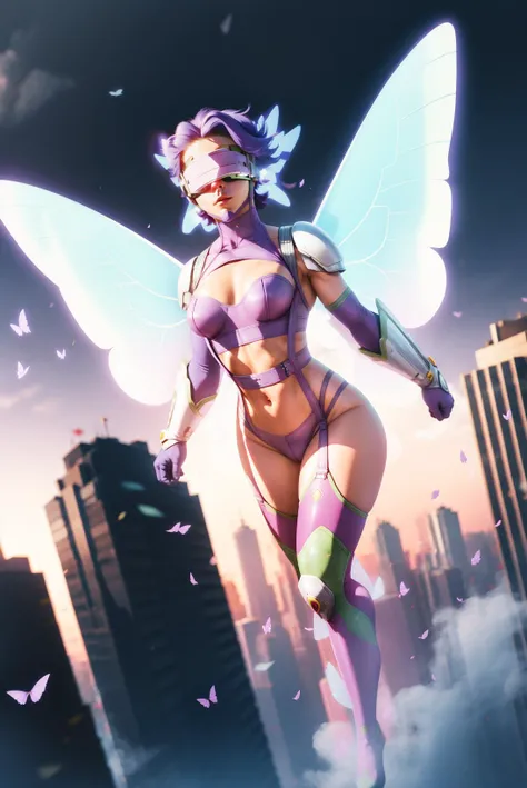 <lora:fairimontest:0.9> fairimon, facial mark, purple hair, short hair, visor (armor), hair ornament, (covered eyes:1.7),, belt, bikini, bra, butterfly wings gauntlets, cleavage, garter straps, gauntlets, highleg, highleg panties, navel, panties, purple br...