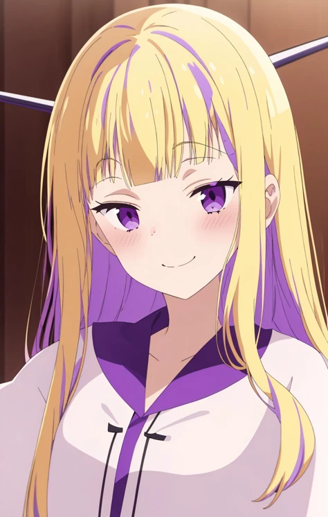 masterpiece,
 <lora:ReimiItsushiro:1>  blonde hair, long hair, bangs, purple eyes, blunt bangs, sidelocks, purple colored inner hair
1girl,solo, vivid colors,
[(anime screencap:1.2):0.34],
happy smile,
(white robe:1.2),
portrait,