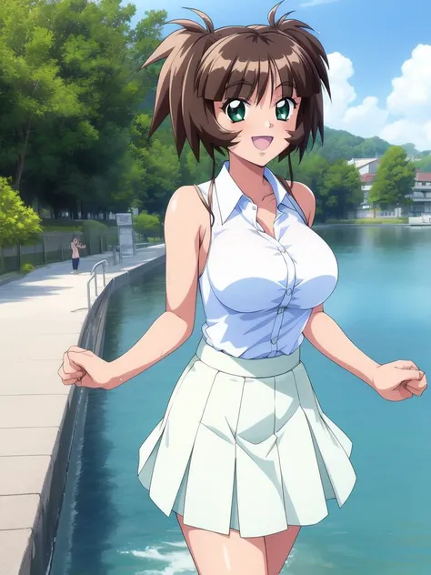 <lora:Ichimonji_Akane:0.8>,ãIchimonjiAkane, 1girl, solo, skirt, white skirt, pleated skirt, day, outdoors, large_breasts, open mouth, sleeveless, shirt, smile, sleeveless shirt, clenched hands, water,
masterpiece, high quality, very_high_resolution, larg...