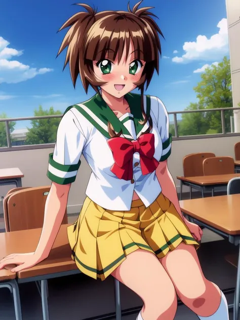 <lora:Ichimonji_Akane:0.8>,IchimonjiAkane, 1girl, solo, school uniform, smile, Yellow_skirt, blush, looking at viewer, 1990s (style), bow, pleated skirt, serafuku, twintails, shirt, short sleeves, open mouth,
school in the room,  sky,
masterpiece, high qua...