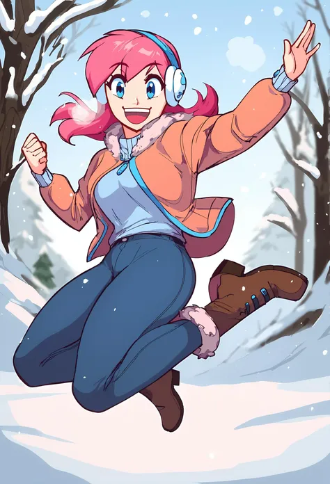 a cartoon girl in a pink jacket and blue pants jumping in the snow