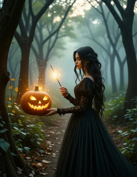 A 30-year-old stands in the heart of an enchanted forest, radiating magical charm in a sophisticated, stylish black witch costume. Her flowing black hair falls over her shoulders, adding a mysterious and elegant touch to her appearance. The dress, designed...