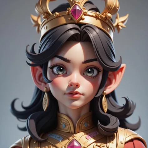 A girl from an anime wearing an emperors clothes and a golden crown has a very serious expression