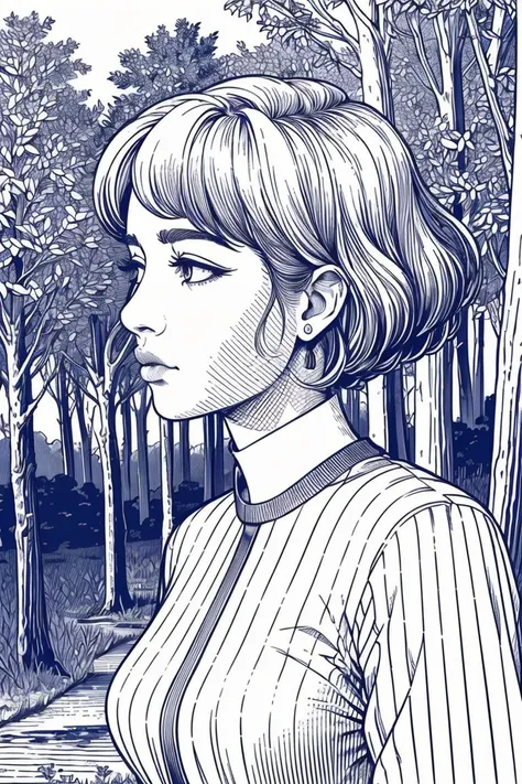 masterpiece,((upper body)),ballpoint pen drawing,a drawing of 1girl,looking away,upper body,closed mounth,short hair,outdoor,trees, <lora:ballpointpen:0.8>