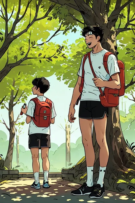 masterpiece,best quality,multiple boys,tree,2boys,shirt,backpack,black hair,male focus,shorts,outdoors,white shirt,bag,pointing,short hair,short sleeves,smile,black shorts,day,vest,standing,socks,closed eyes,open mouth,<lora:line illustrationa_202309011925...