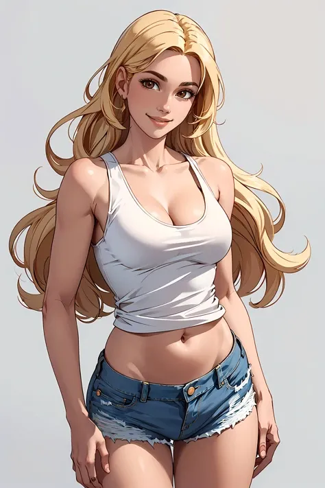 masterpiece, best quality, cartoon rendering, upper body, solo, woman, smile, long hair, blonde hair, brown eyes, flat chest, cleavage, navel, white tank top, denim shorts, facing the viewer, standing, plain background