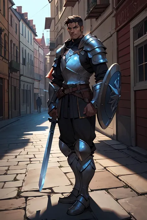 Impasto,digital art,JoeMAD2023, knight , sword, shield, standing in medieval city, 8k, uhd, best quality, cartoon, cool armor, trending on artstation, volumetric lighting, best quality, masterpiece, realistic  <lora:JoeMAD2023:0.8>