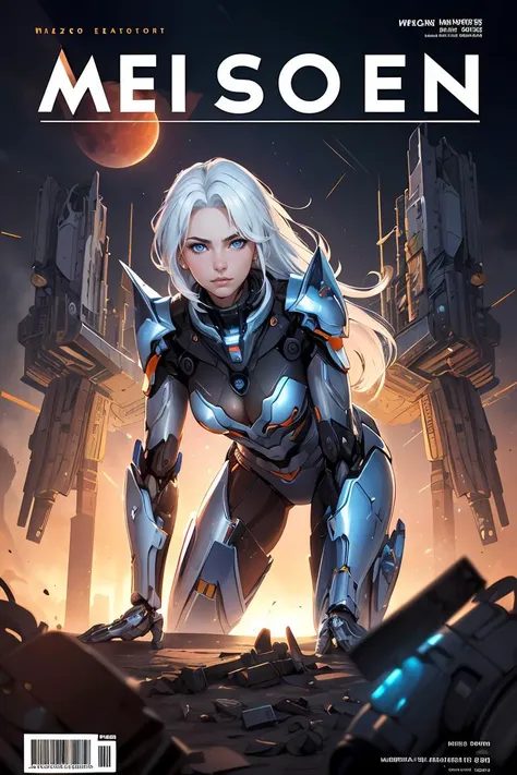 1 girl, frontal,blue eyes, white hair blowing in the wind, hands open, giant mecha warrior standing next to her, science fiction novel, mechanical armor, metallic luster, electroplating, clothing logo, Mars, spacecraft, floating cannon, hexagonal, (from bo...