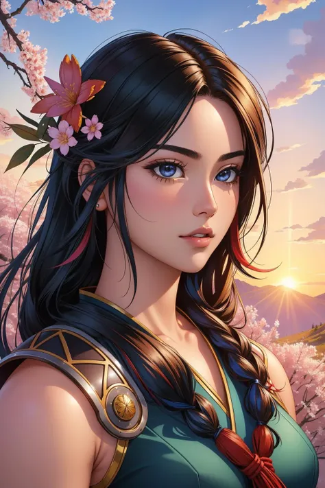 1girl, studio Digital art, hyper detailed, cinematic shot of a Honest Violent well-built wabi-sabi (Male Writer:1.3) , he has Radiant hair, from inside of a Warrior Elder scrolls, crowded grass and blossoms, at Sunset, in focus, Ultrarealistic, Confused, L...