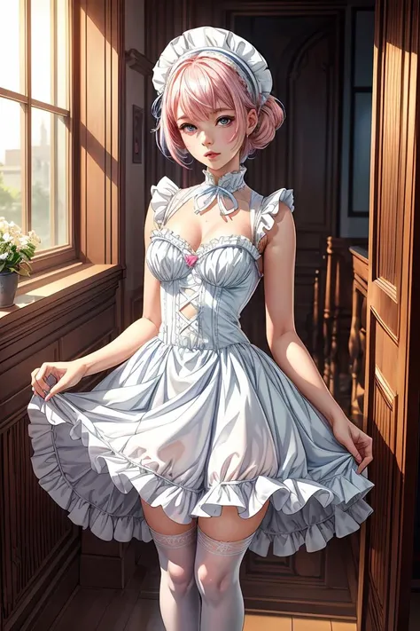 (masterpiece, best quality), 1girl, blue and white frill dress, (white stockings), pink hair, cute face, standing, indoor, intricate detail, sunlight, <lora:add_detail:1>