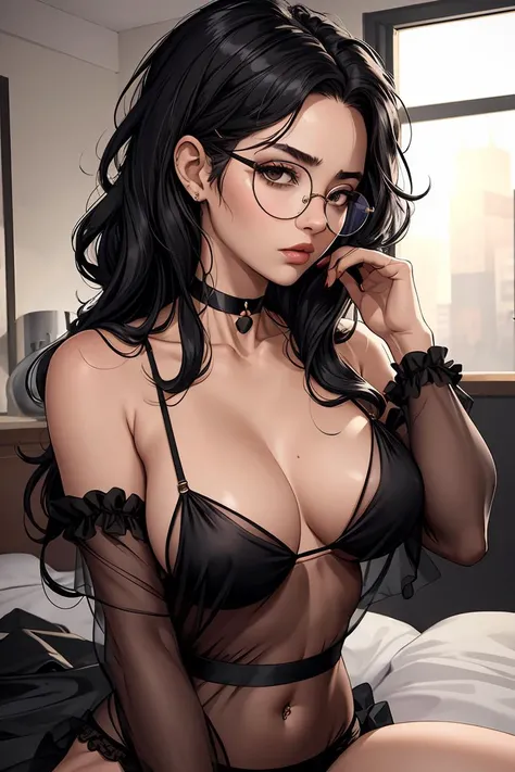 (masterpiece, best quality), 1girl, messy hair, choker, black silk pajamas, see-through, glasses,