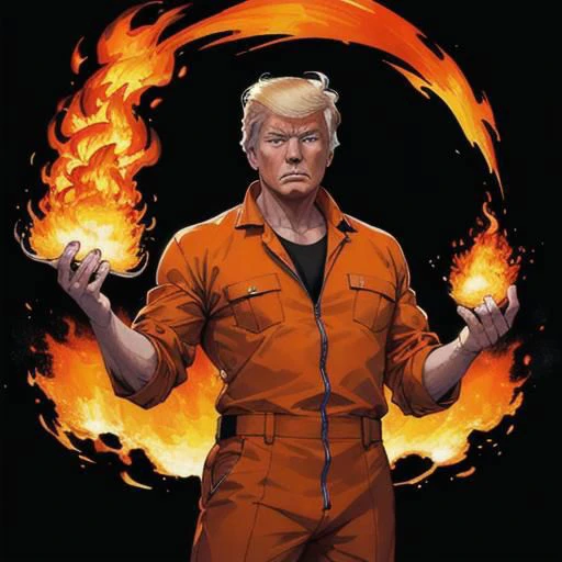 Donald Trump wearing an orange prisoner jumpsuit, he is (holding magic fire), fire, simple background, dark background