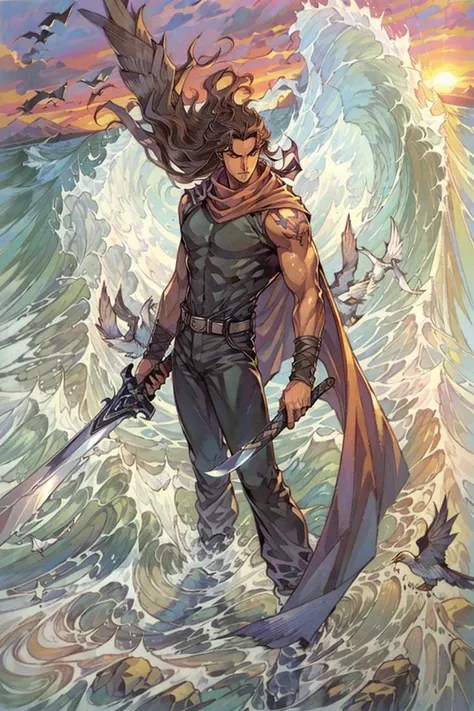 1boy, male focus, sword, weapon, solo, cape, bird, traditional media, tattoo, sunset, brown hair, black hair, scarf, long hair, water, wave, masterpiece, best quality,  <lora:hongkong_comic_style_v1a:0.8>