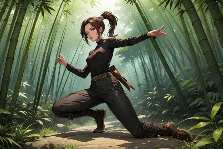 dynamic action pose,Best quality, masterpiece, 1girl,brown hair,ponytail, solo ,glossy eyes,full body,bamboo forest background,<lora:xq:0.8>, <lyco:GoodHands-beta2:1>,<lora:add_detail:0.3>,