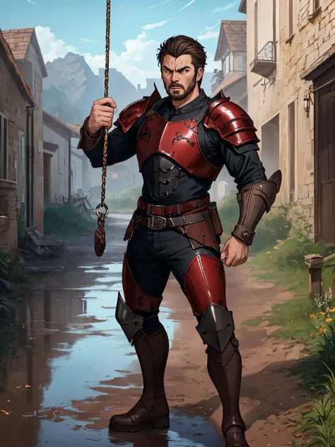 (masterpiece, best quality), a full body dynamic pose, cinematic shot, combat, photo of a (shouting masculine man, (short dark hair), angry facial expression stubble:1.2) futuristic red/black armor (muddy leather boots, tightly gripping swinging longsword:...