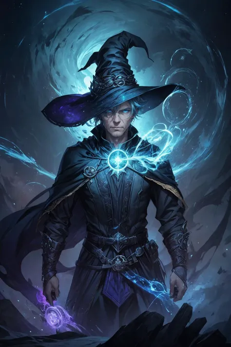 a man in a wizard hat holding a magic wand