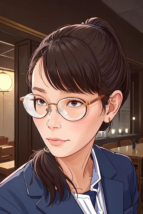 ((masterpiece:1.2, best quality)), 1lady, solo Richicaism, portrait <lora:richica:1> glasses, ponytail, suit