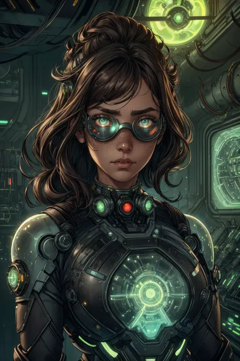 a woman in a futuristic suit with glowing glasses and a futuristic helmet