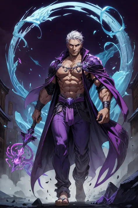 a man with a purple robe and a sword in his hand