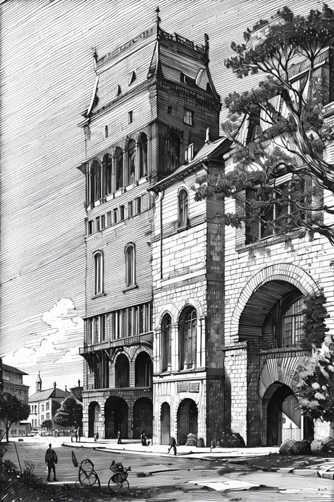 drawing of a large building with a clock tower on top of it