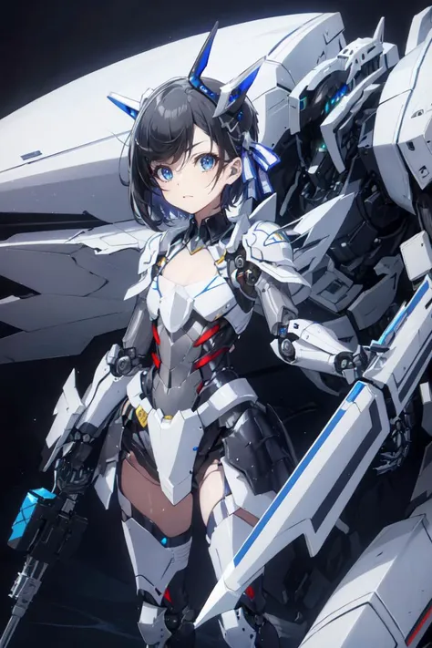 a close up of a woman in a futuristic suit holding a sword