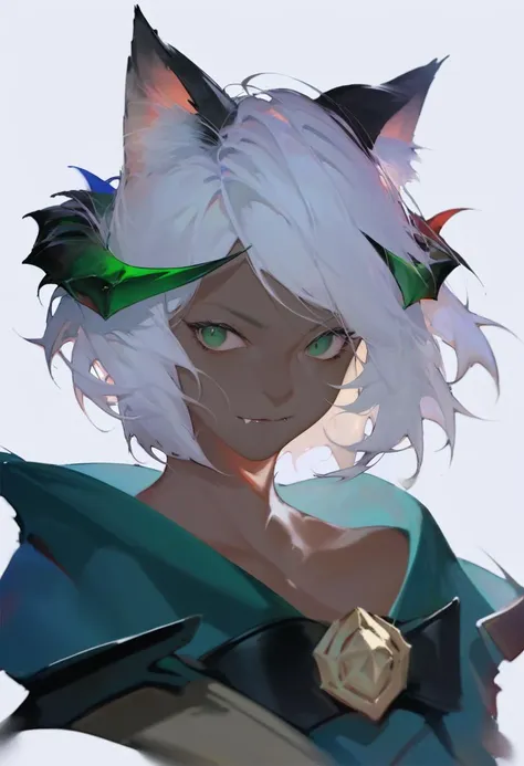 a close up of a woman with a cat ears and a green dress