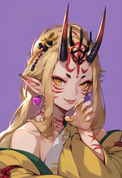 1girl, 
ibaraki douji (fate),  
solo, horns, blonde hair, yellow eyes, tongue out, pointy ears, tongue, oni horns, long hair, oni, looking at viewer, facial mark, earrings, jewelry, simple background, tattoo, purple background, smile, yellow kimono, :p, ba...