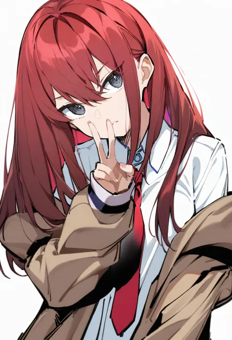 anime girl with red hair and a tie making a peace sign