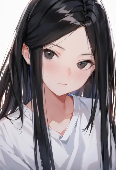 anime girl with long black hair and white shirt looking at camera