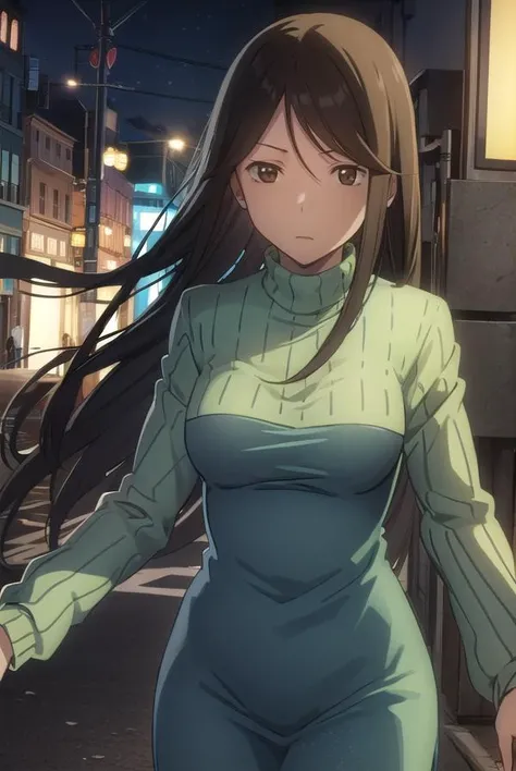 namieyagiri, <lora:namie yagiri s1-lora-nochekaiser:1>,
namie yagiri, long hair, black hair, (brown eyes:1.3), (swept bangs:1.5),
BREAK sweater, turtleneck, green sweater,
BREAK outdoors, city, night, sky, starry sky, moon,
BREAK looking at viewer, (cowboy...