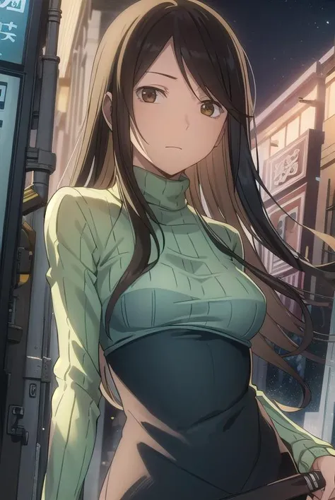 namieyagiri, <lora:namie yagiri s1-lora-nochekaiser:1>,
namie yagiri, long hair, black hair, (brown eyes:1.3), (swept bangs:1.5),
BREAK sweater, turtleneck, green sweater,
BREAK outdoors, city, night, sky, starry sky, moon,
BREAK looking at viewer, (cowboy...