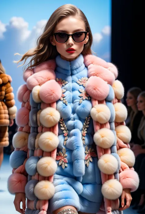 a woman in a fur coat and sunglasses walks down a runway