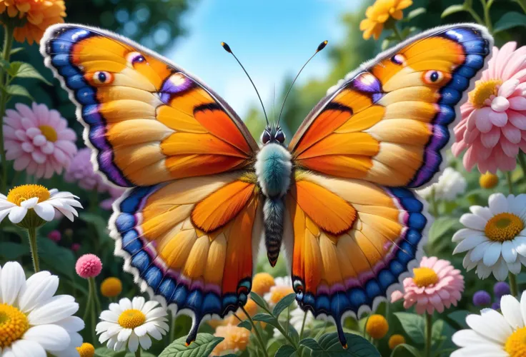 brightly colored butterfly sitting on a flower bed with lots of flowers