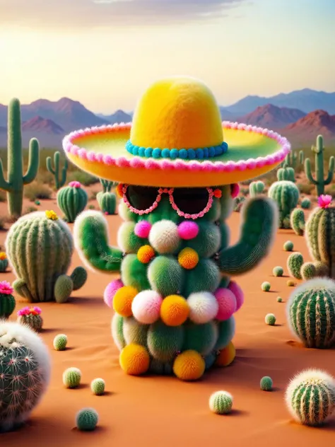 A ral-flufblz cactus wearing a sombrero in the middle of a desert party, <lora:ral-flufblz-sdxl:1>, <lora:EnvyBetterHiresFixXL01:0:hr=1>