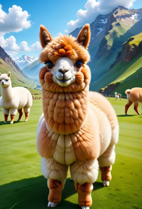 there are two llamas standing in a field with mountains in the background