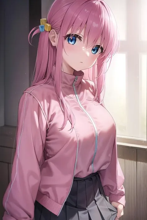 anime girl with pink hair and blue eyes in a pink jacket