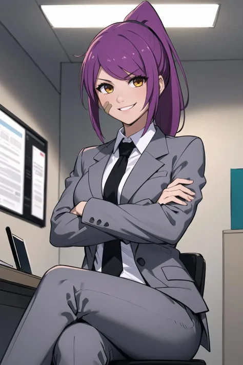 anime character sitting in a chair with her arms crossed