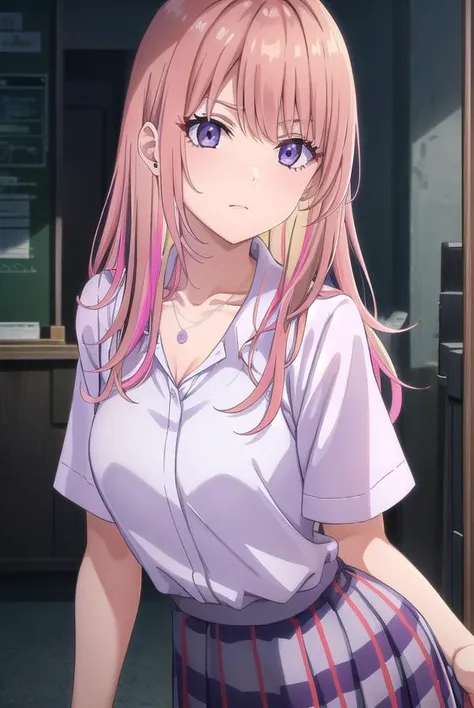 nikoruyamana, <lora:nikoru yamana s1-lora-nochekaiser:0.8>,
nikoru yamana, long hair, bangs, (purple eyes:1.1), pink hair, multicolored hair, two-tone hair, streaked hair, makeup,
BREAK skirt, shirt, jewelry, school uniform, collarbone, white shirt, short ...