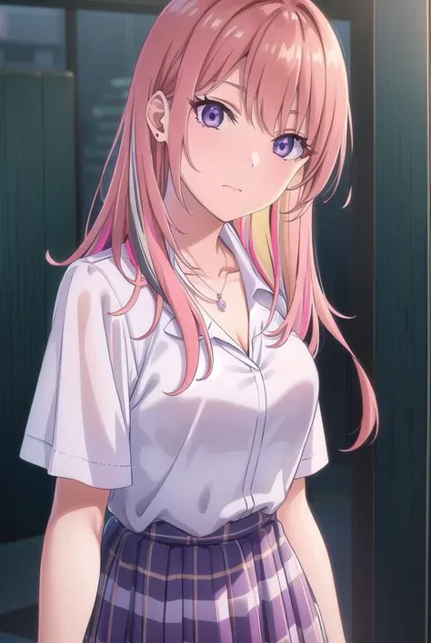 nikoruyamana, <lora:nikoru yamana s1-lora-nochekaiser:0.8>,
nikoru yamana, long hair, bangs, (purple eyes:1.1), pink hair, multicolored hair, two-tone hair, streaked hair, makeup,
BREAK skirt, shirt, jewelry, school uniform, collarbone, white shirt, short ...