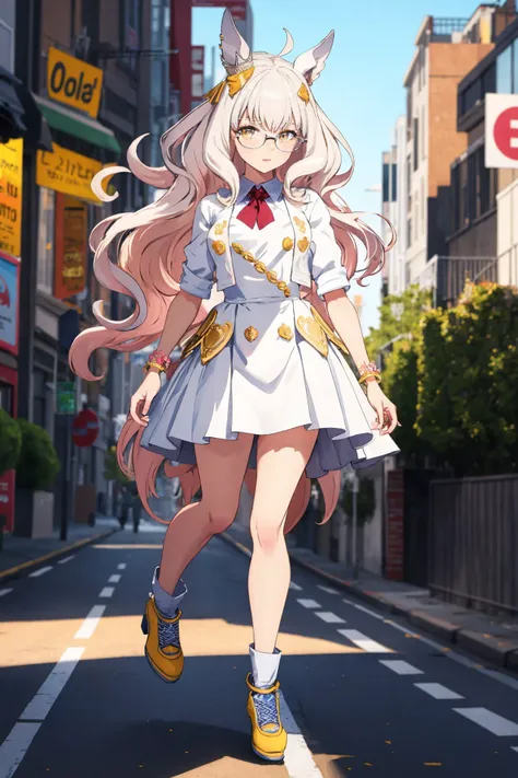 (masterpiece, best quality:1.2), Biwa Hayahide, glasses, <lyco:_All_in_One_UmaMusume_AIO:0.8>, street fashion, full body, uma musume, bright eyes, (solo), anatomically correct, intricate detail, Thick Eyelashes, Brilliant Colorful Illustration