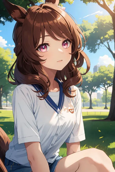 (masterpiece, best quality:1.2), Light Hello sitting in park under the tree, <lyco:_All_in_One_UmaMusume_AIO:0.8>, uma musume, bright eyes, (solo), anatomically correct, intricate detail, Thick Eyelashes, Brilliant Colorful Illustration