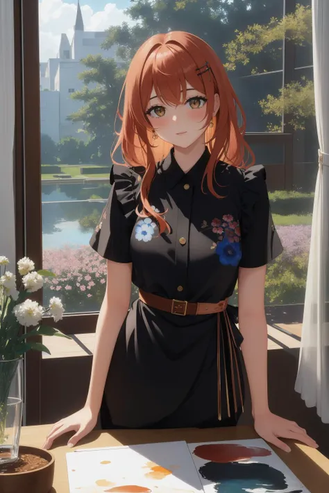 anime girl with red hair and black dress sitting at a table