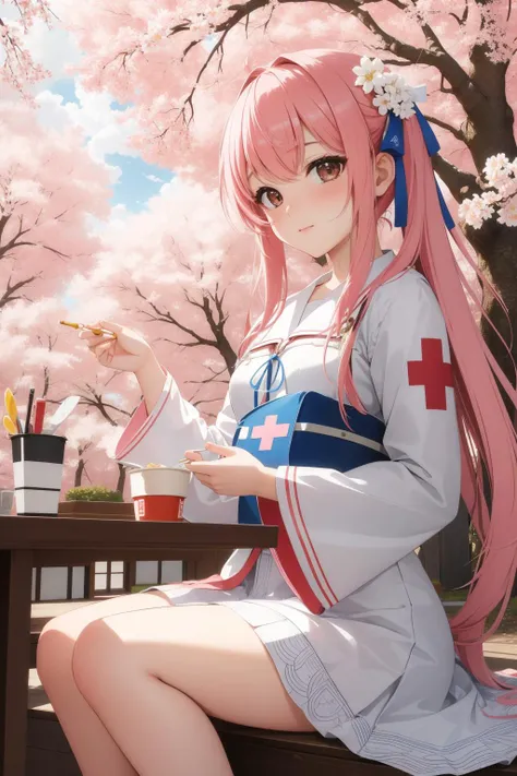 anime girl with pink hair sitting on a bench eating a meal