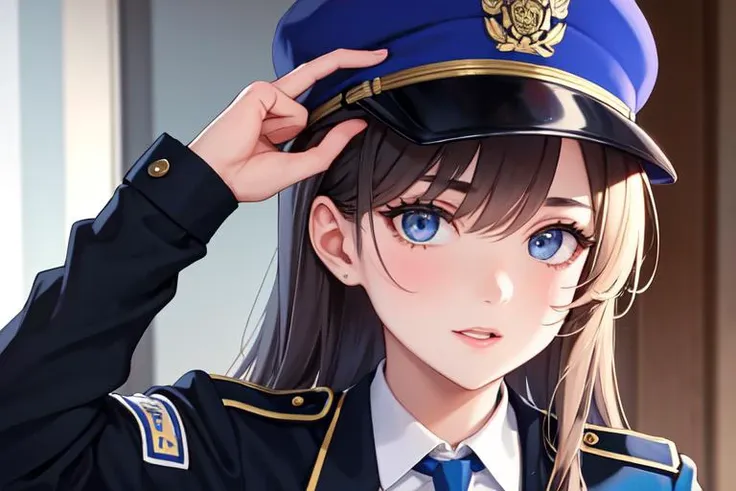 anime girl in uniform adjusting her hat with her hand