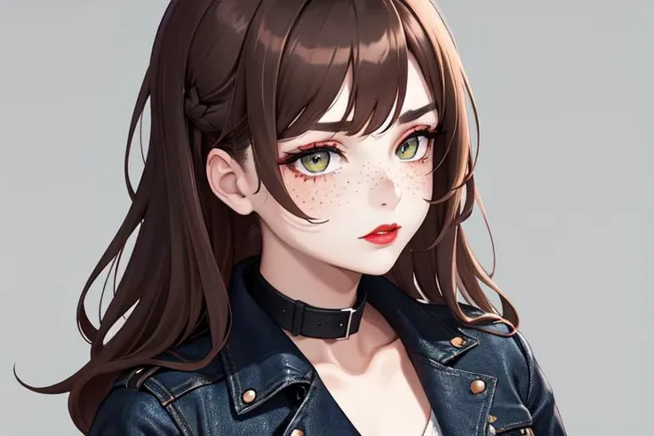 anime girl with long hair and green eyes wearing a black jacket