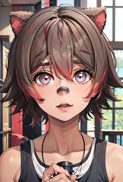 (masterpiece, best quality), 1girl,     <lora:NewRakkun:0.8> rakkunvt, animal ears, brown hair, red hair, short hair, bandaid on face, bandaid on nose, hair between eyes, raccoon ears