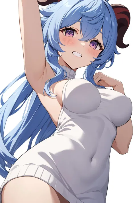 masterpiece, best quality, <lora:anyu_all:0.8>, ganyu_(genshin_impact), 1girl, ahoge, alternate_costume, blue_hair, blush, breasts, clenched_teeth, covered_navel, cowboy_shot, dress, from_below, goat_horns, hair_between_eyes, hands_up, horns, long_hair, lo...