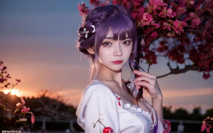 goutou, RaidenShogun, detailed clothes, white clothes, blunt bangs, braid, (medium breasts:1.4), cleavage, wide-sleeved kimono, hair ornament, white japanese clothes, (red obi:1.4), (light purple hair:1.4), very long hair, straight hair, detailed face, coo...