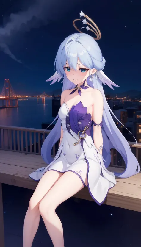 White dress, Sit, masterpiece, best quality, Solo, <lora:robin-star-rail:0.7>, robin-star-rail, Pale blue hair, long hair, Nimb, Small breasts, (embarassed:1.5), Night city glowing scifi backgrount, Purple details of dress