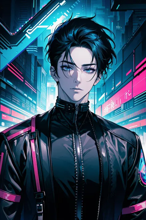 a man in a black jacket standing in front of a neon city